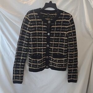 Talbots Boucle Button-Up Cardigan Sweater Metallic Detail Plaid‎ Black/gold Sz S